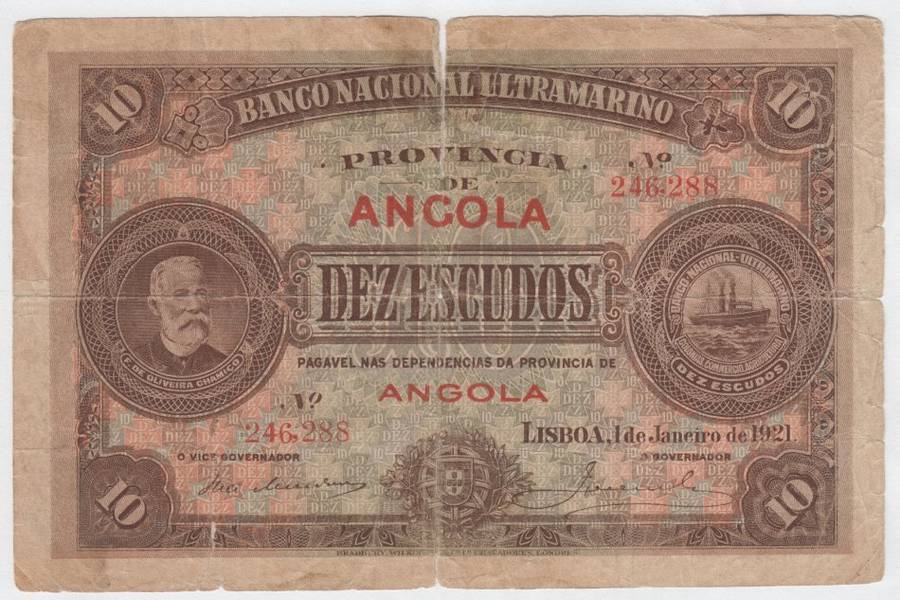 1921 Angola Type 3 Ten Escudos - Good condition with tears