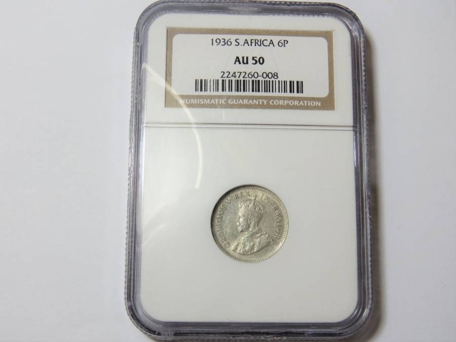 South Africa 1936 Sixpence graded AU 50 by NGC