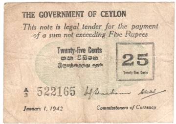 WW2 Government of Ceylon 25 cents ( 5 Rupees ) TOKEN NOTE - uniface