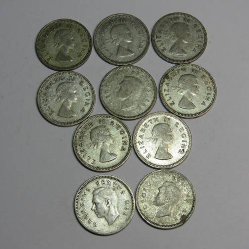 Lot of 10 South Africa Union 3d tickey coins - 1950-1959