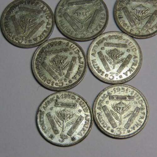 Lot of 10 South Africa Union 3d tickey coins - 1950-1959
