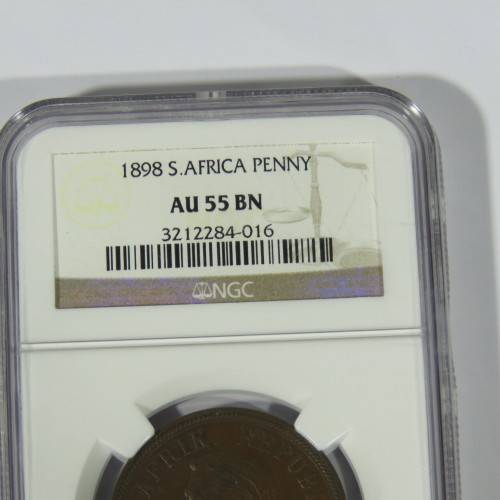 1898 ZAR Kruger penny graded AU 55 BN by NGC