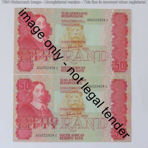 GPC de Kock 3rd issue lot of 3 uncirculated R50 banknotes with consecutive numbers