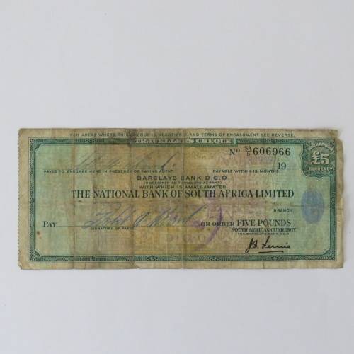 Barclays Bank 5 pound Travellers cheque Portuguese East Africa