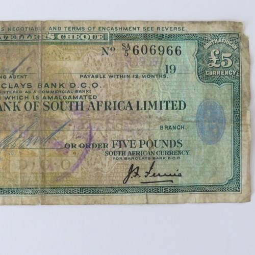 Barclays Bank 5 pound Travellers cheque Portuguese East Africa