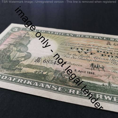MH de Kock First Issue 5 Pounds - 6 April 1946 EF+ Some folds - 2 Scuff marks