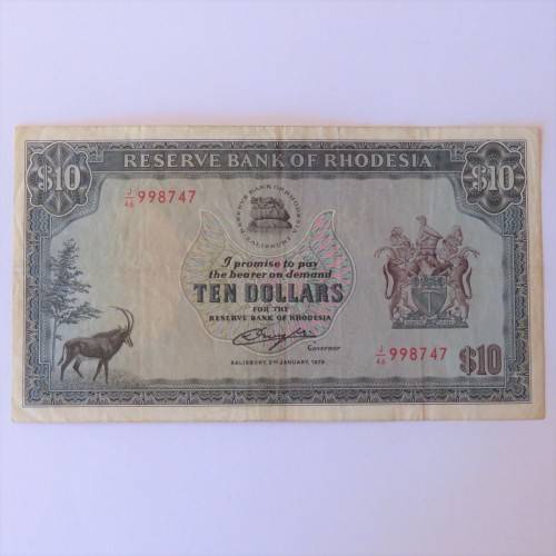 Reserve Bank of Rhodesia Ten Dollars 2 January 1979 VF+