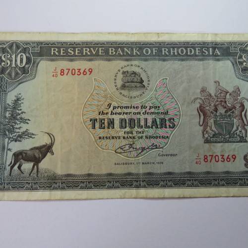 Reserve Bank of Rhodesia Ten Dollars 1 March 1976 - VF-