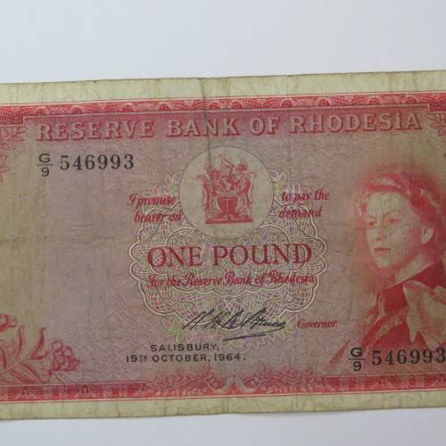 Reserve Bank of Rhodesia One Pound G9 - 19 October 1964