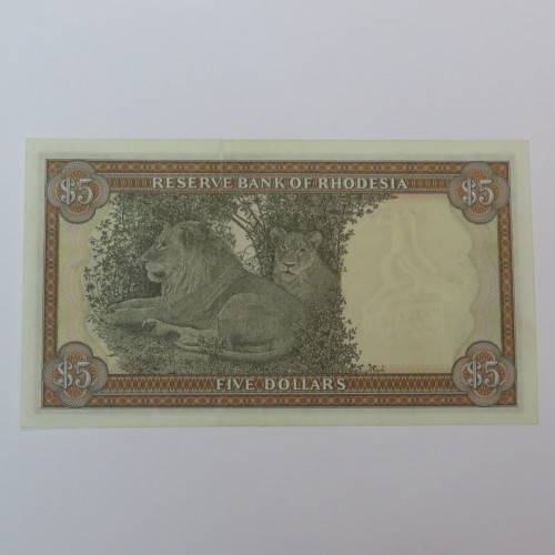 Reserve Bank of Rhodesia Five Dollars - 15 May 1979 - Uncirculated with fine creases and dirt spots