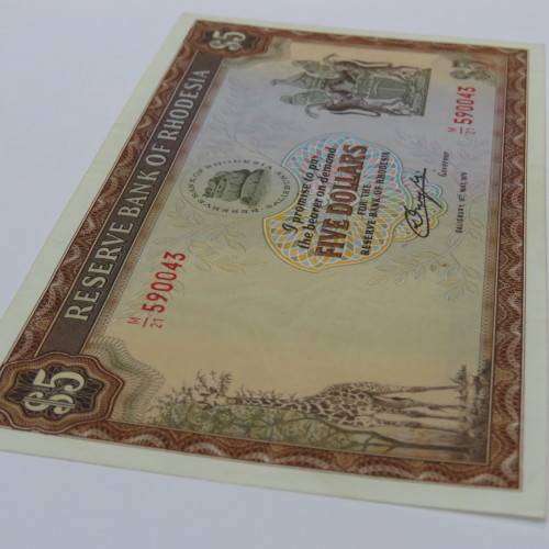 Reserve Bank of Rhodesia Five Dollars - 15 May 1979 - Uncirculated with fine creases and dirt spots
