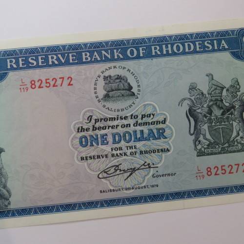 Reserve Bank of Rhodesia One Dollar 2 August 1979 uncirculated with single fold crease