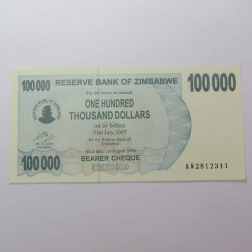 Zimbabwe $100000 bearer cheque 1 August 2006 uncirculated ZW 82