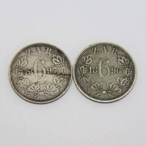 1896 and 1897 ZAR Paul Kruger 6d coins sixpences very well used