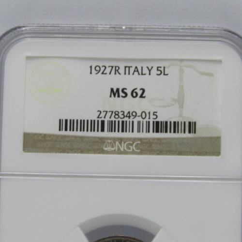 1927 Italy 5 Lire graded MS 62 by NGC