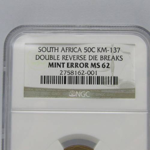 South Africa mint error 1990 ( to 1995 ) 50 cent with double reverse die breaks graded mint error MS