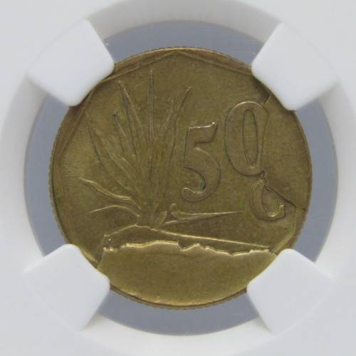 South Africa mint error 1990 ( to 1995 ) 50 cent with double reverse die breaks graded mint error MS