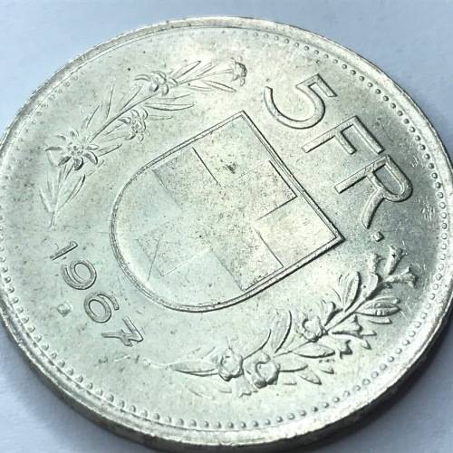 1967 Switzerland 5 Francs - SCARCE variety xxxxx dominus providebit (b) B- UNC