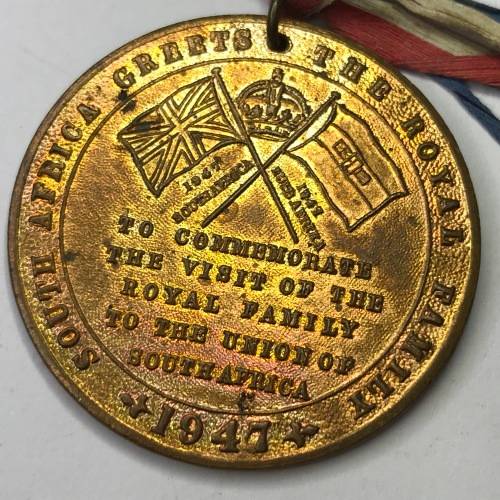 1947 Royal visit to South Africa medallion with ribbon - lovely toning - scarce