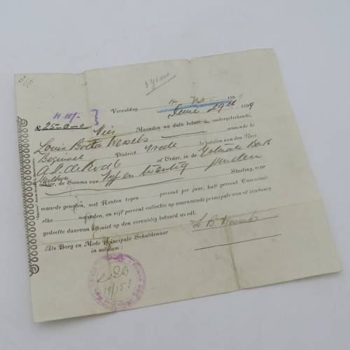 Boer War period promissory note for 25 pound - Owed by Louis Botha Wessels