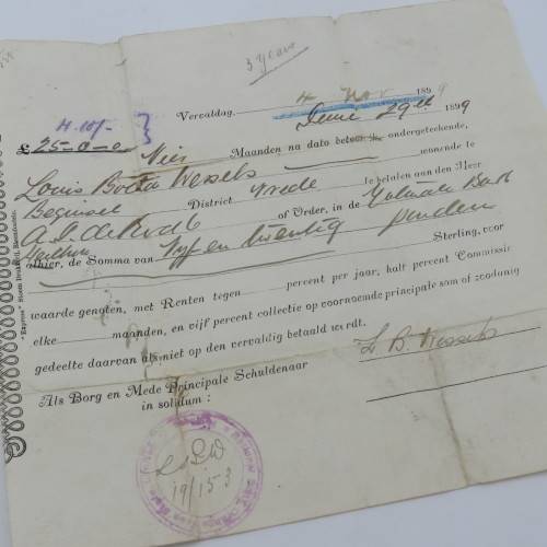 Boer War period promissory note for 25 pound - Owed by Louis Botha Wessels