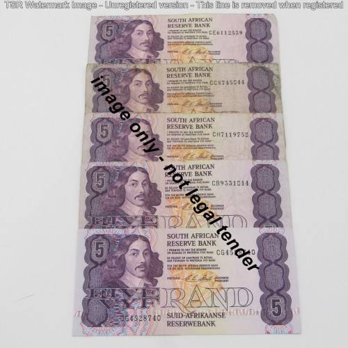 Lot of 5 old CL Stals R5 bank notes - most well used