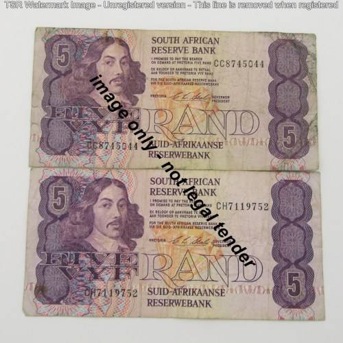 Lot of 5 old CL Stals R5 bank notes - most well used
