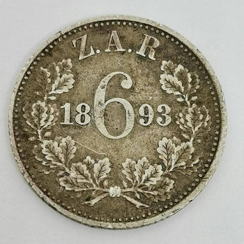 ZAR Paul Kruger 1893 sixpence VF+