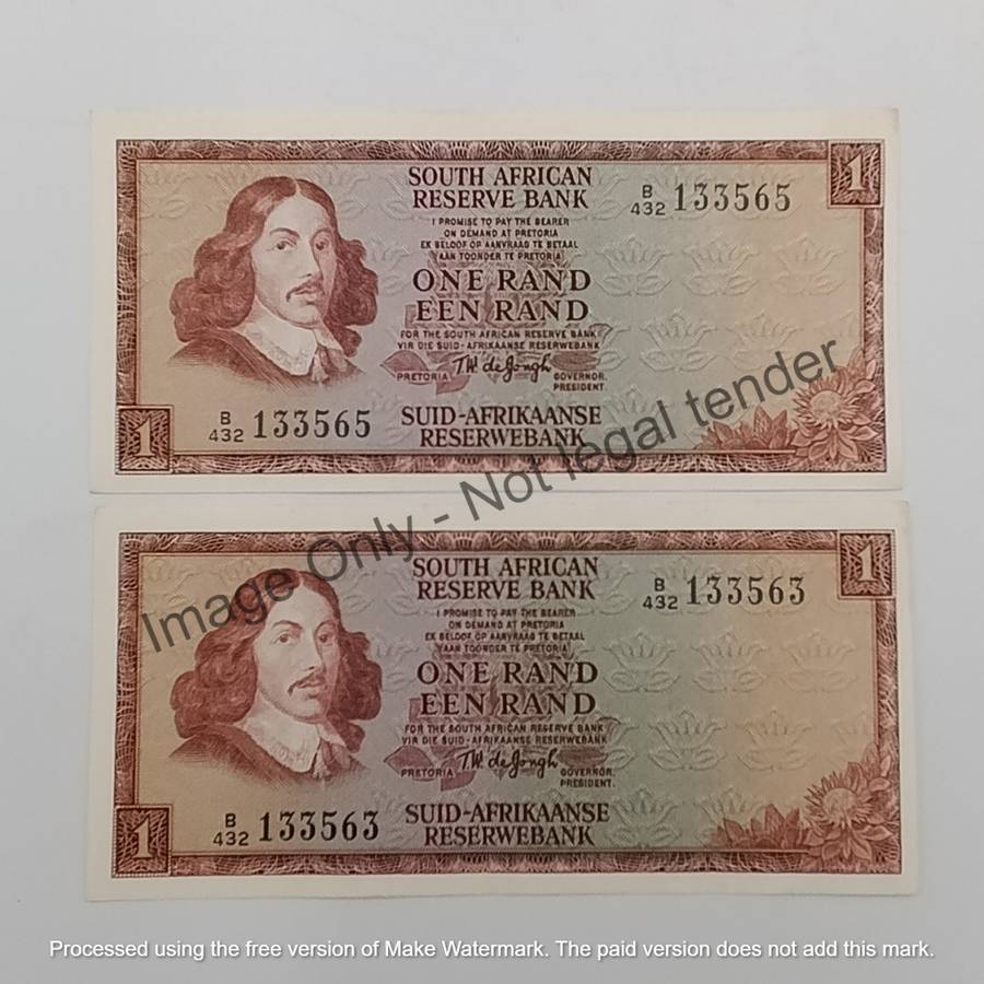 TW de Jongh Pair of uncirculated R1 banknotes 3rd Issue