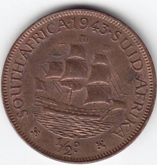 South Africa 1943 half penny UNC - Book value of R650