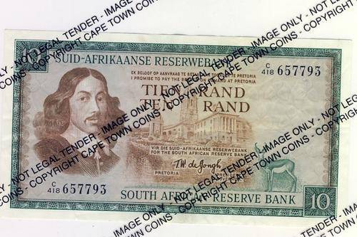 TW de Jongh 3rd Issue Ten Rand note Afr over Eng 1975