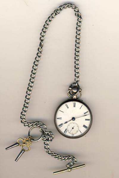 Antique silver pocket watch with 2 keys and FOB chain - unfortunately no glass