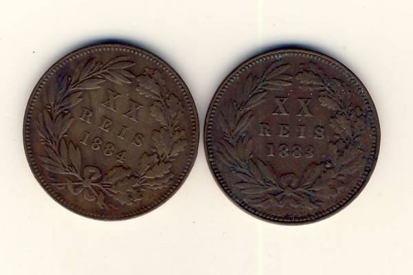 Portugal 1883 & 1884 Twenty Reis coins - sold as a set