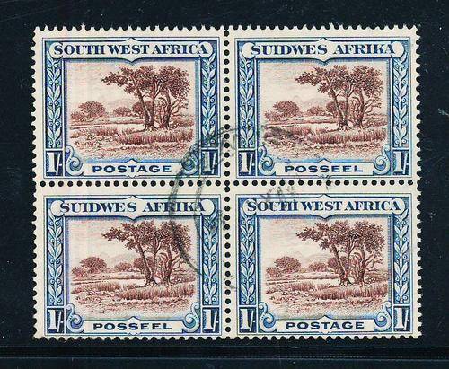 South West Africa - 1931 - Pict Defins - 1s block of 4 perf up fine used (SACC 109).