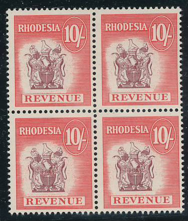 Rhodesia Revenue Stamps - 1966 - Arms - 10s red & Brown mint unhinged block of 4. (SG 47)