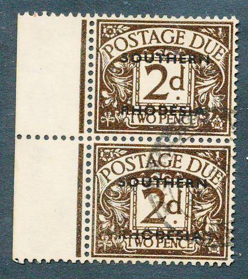 Southern Rhodesia -1951 -G.B.Dues ovptd - 2d agate fine used pair. (SG D3)