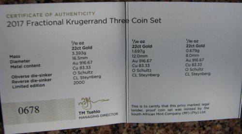 Krugerrand 2017 Fractional - 3 set Gold Proof coins -Very unique.