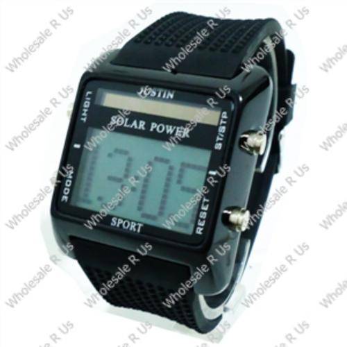 Solar Power Digital LCD Display with Red Light Gents Wrist Watch - Black