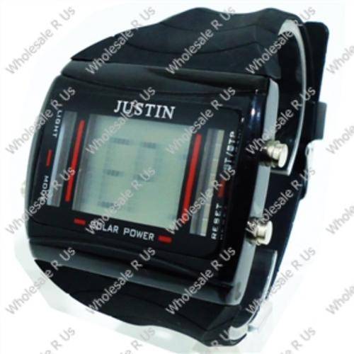 Solar Power Digital LCD Display with Blue Light Gents Wrist Watch - Black