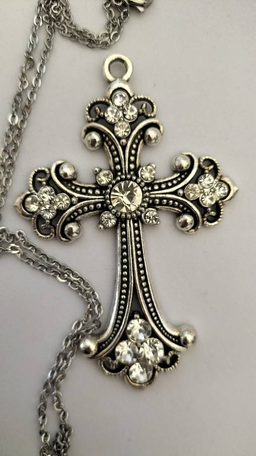 Large Metal And Rhine Stone Cross Pendant With Stainless Steel Chain