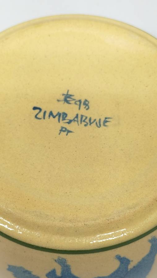 Small 1998 Zimbabwe Glazed Ceramic Bowl With Warthogs