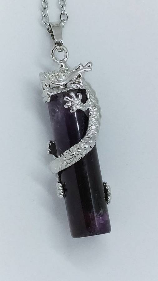 Stunning Semi Precious Purple Stone Pendant With Stainless Steel Casing Of A Dragon