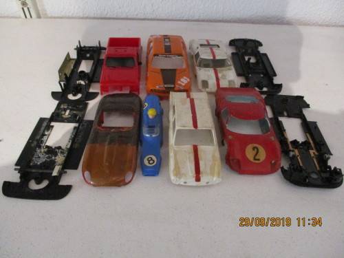 1/32 SCALE SLOT CAR BODIES AND CHASIS (USED)