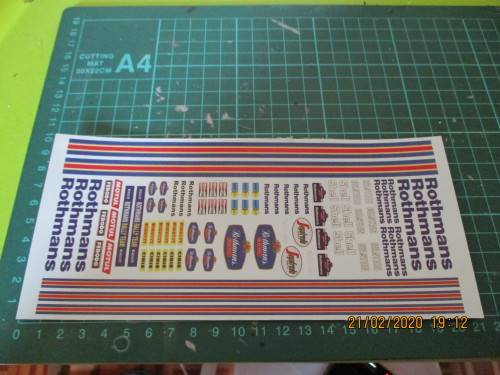 1/32 SCALE  WATERSLIDE DECALS( ROTHMANS) 10 X 20CM IE: SCX NINCO SCALEXTRIC AIRFIX AND REVEL