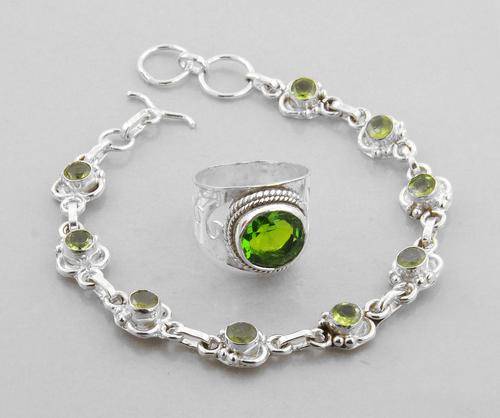 16.5 Gm Green Quartz Stone Silver Bracelet and Ring Set
