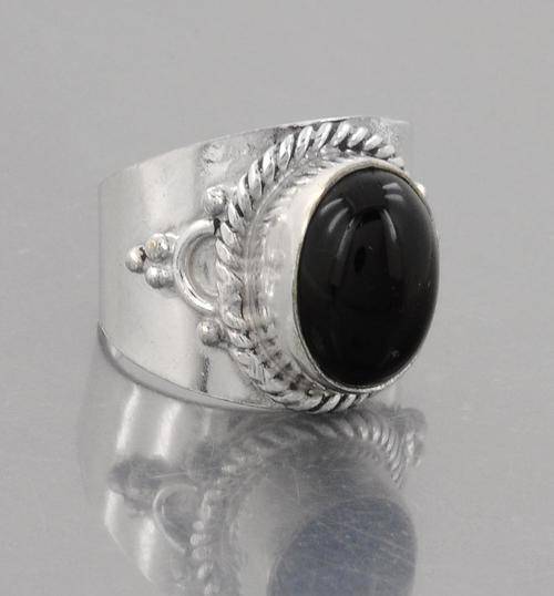 Designer Black Onyx Gemstone Ring in Silver Alloy - Handcrafted in India