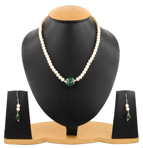 190 Ct Single Row Pearl gemstone Beaded Necklace With Matching Earrings