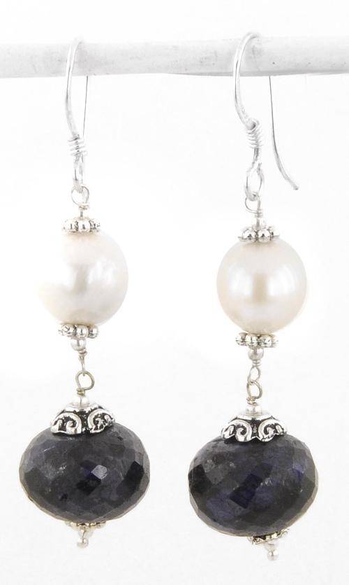 55 Ct Pearl With Sapphire Gemstone Silver Earrings-Handcrafted in India
