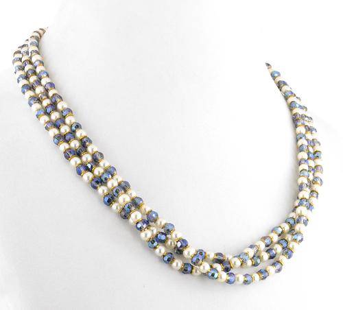 3 Strand Black Crystal and Pearl Gemstone Beaded Necklace