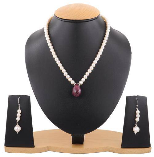 210 Carat Pearl and Ruby Gemstone Beaded Necklace - Free Matching Earrings